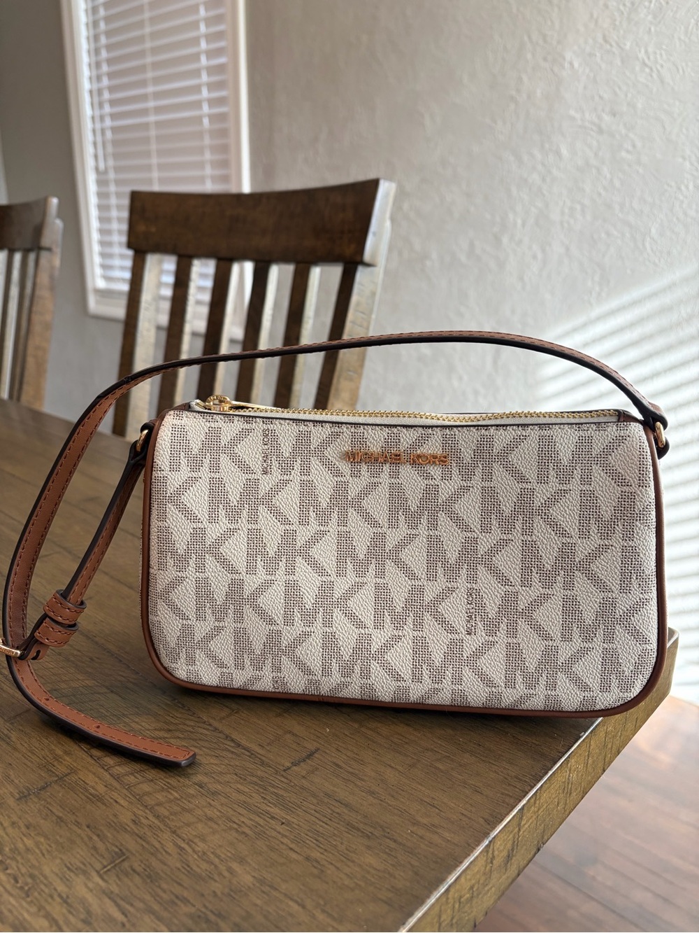 Michael Kors Cream & Brown Signature MK Crossbody Bag